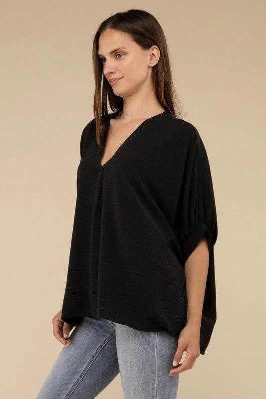 Zenana Casual Woven Airflow V-Neck Puff Half Sleeve Oversized Top
