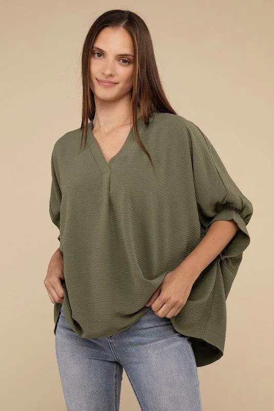 Zenana Casual Woven Airflow V-Neck Puff Half Sleeve Oversized Top