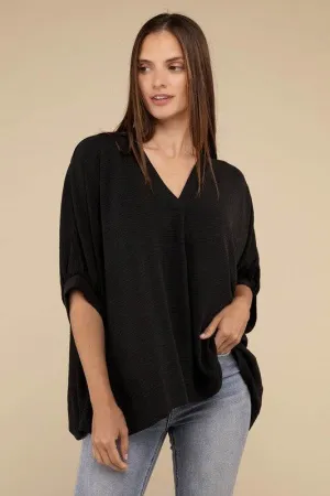 Zenana Casual Woven Airflow V-Neck Puff Half Sleeve Oversized Top
