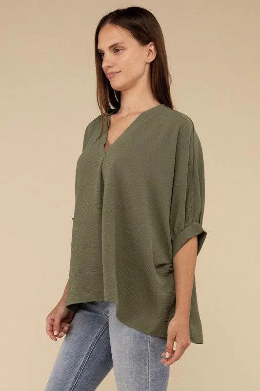Zenana Casual Woven Airflow V-Neck Puff Half Sleeve Oversized Top