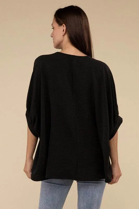 Zenana Casual Woven Airflow V-Neck Puff Half Sleeve Oversized Top