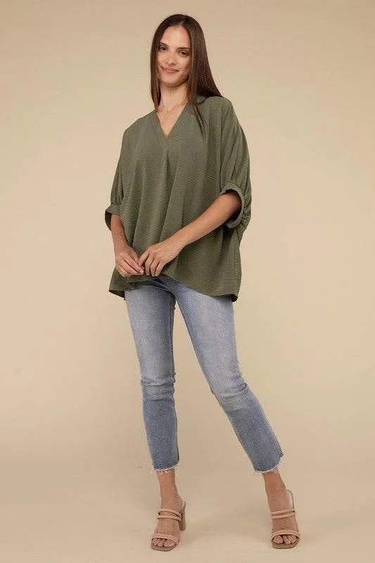 Zenana Casual Woven Airflow V-Neck Puff Half Sleeve Oversized Top