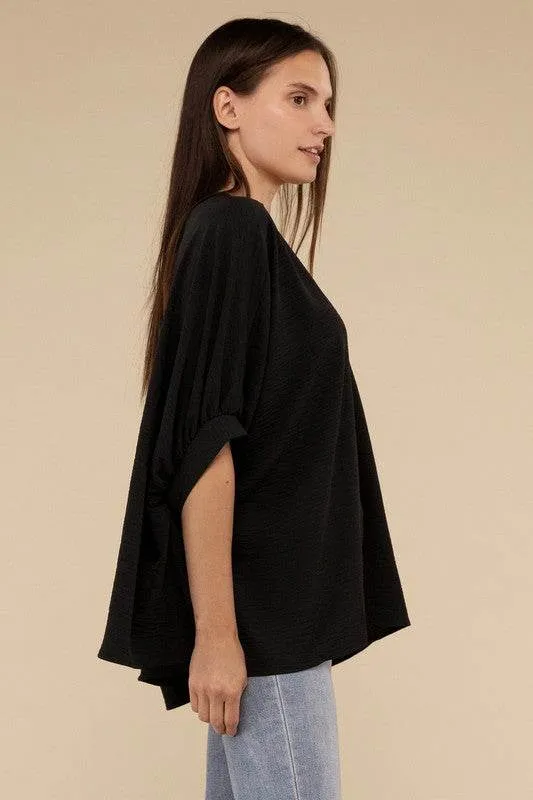 Zenana Casual Woven Airflow V-Neck Puff Half Sleeve Oversized Top