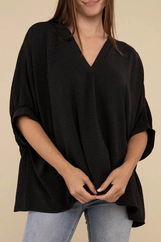 Zenana Casual Woven Airflow V-Neck Puff Half Sleeve Oversized Top