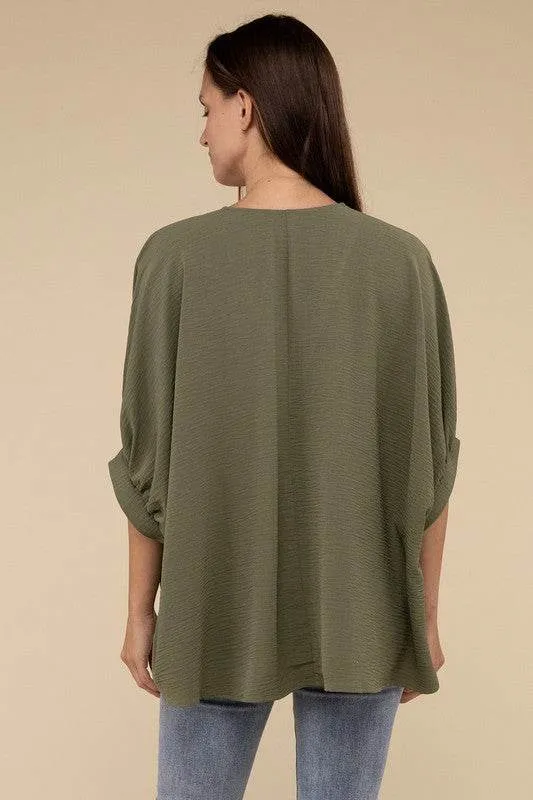 Zenana Casual Woven Airflow V-Neck Puff Half Sleeve Oversized Top